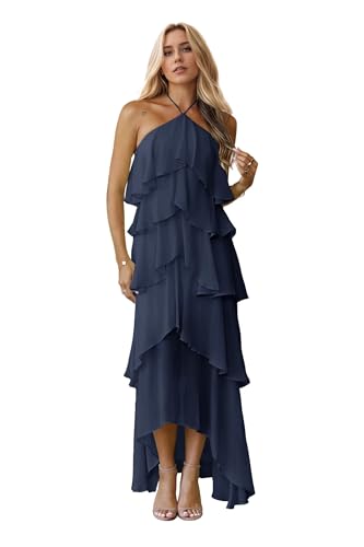 Halter Ruffles Bridesmaid Dresses Chiffon Tiered High Low Sleeveless Pleated Long Formal Party Evening Gowns