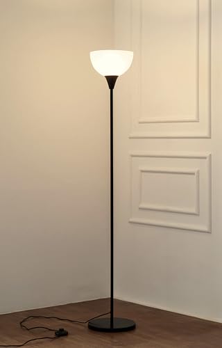 Image of Divine Trends Uplighter Black Polished Floor Lamp for Living Room with Frosted Glass Lampshade | Includes LED Warm Bulb | Hidden Wire Design | Uplight Corner Standing Lamp for Home | Pack of 1