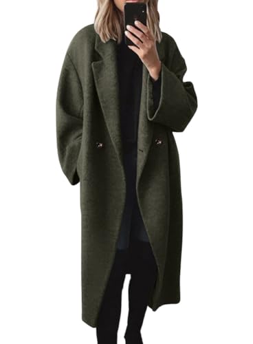 chouyatou Women's Winter Double Breasted Wool Coat Long Sleeve Notch Lapel Long Trench Coat (Small, Army Green)