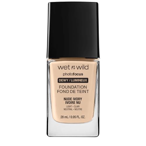 Wet n Wild Photo Focus Dewy Foundation, Base de Maquillaje Líquida Hidratante Piel Normal/Seca, Acabado Luminoso Modulable, Nude Ivory