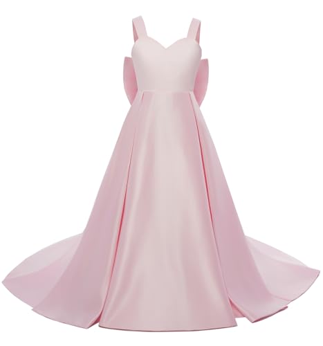 JISISANG Long Satin Flower Girl Wedding Dress Bridesmaid A-Line Party Dresses for Girls Princess Backless Pageant Prom Gown2