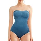 Miguofan Strapless Shapewear Bodysuit for Women Tummy Control, Seamless Tube Top Bodysuit Body Shaper Off Shoulder Leotard (Denim Blue, Large)