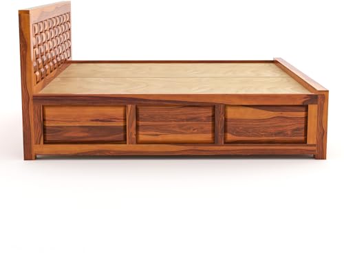 Image of Furniture Sheesham Wood King Size Bed with Storage Box | Wooden Box Bed King Size Double Cot Bed with Storage for Bedroom | Premium Niwar Design Headboard Bed for Living Room | Honey Finish