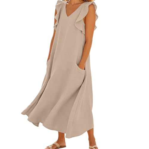 Robe d'été décontractée à volants col en V coupe fluide mi-longue