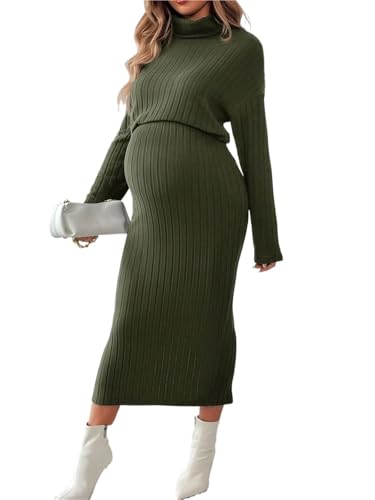 LIZHAYG Vestidos De Maternidad Sudadera de punto verde de otoño e invierno de alta elasticidad con cuello alto y falda con abertura, una prenda elegante