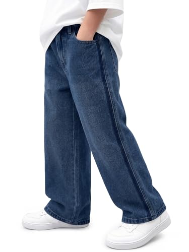 Haloumoning Boys Baggy Jeans Kids Elastic Waist Side Striped Wide Leg Denim Pants with Pockets 5-14 Years, Nvay Blue, 5-6 Years