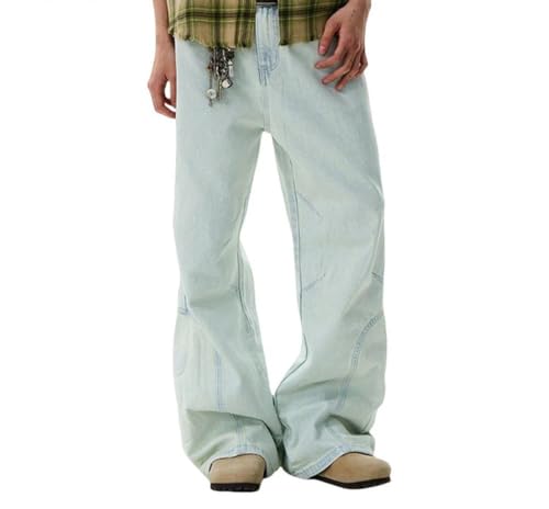 Men’s Raw Edge Pocket Jeans, High Street Retro Washed Distressed, Loose Wide Leg Denim Pants2