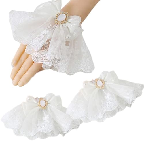 サムコス 蝶結び つけ袖 レース 付け袖 1セット かわいい ロリータ おしゃれ ガールズ 腕飾り ゴスロリ 甘ロリ 小物 服アクセサリー DIY フリル 宝石 刺繍 超キュート 衣装装飾 (ホワイト)のサムネイル
