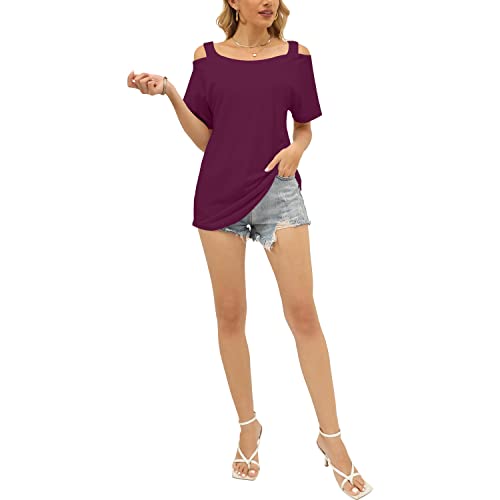 Besfly Womens Tshirts Plain Cold Shoulder Tops Curved Hem Tees Blouse Purple Xl #TOP3