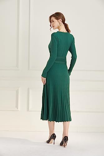 Image of Women's Long Knit Crewneck Sweater Dress Tie Waist A-Line Swing Pleated Bodycon