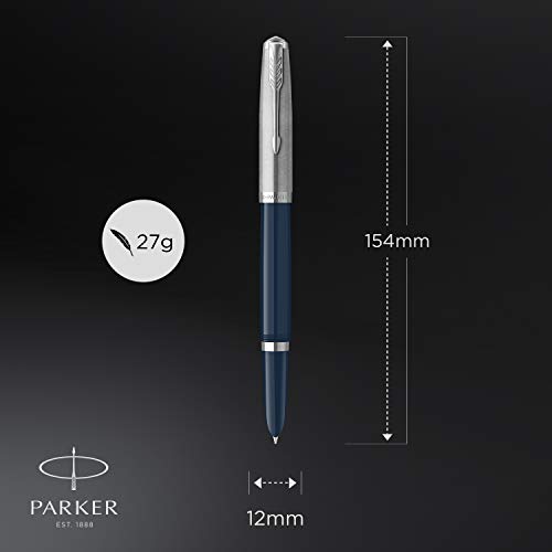 Image of Parker 51 Fountain Pen, Midnight Blue Barrel, Chrome Trim, Fine Nib, Black Ink Cartridge, Gift Box