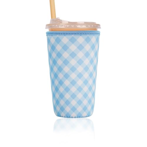 Image of Reusable Insulated Sleeve for Iced Coffee Cup, Coffee Neoprene Sleeve for Cold & Hot Drinks, Beverage Holder for Iced Coffee (Sky Gingham, Large: 32oz)