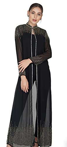 Image of Matelco Women Georgette Floor Length Hand Embroidered Embellished Longline Front Open Shrug Dress