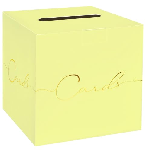 Image of HEIPINIUYE Yellow Wedding Card Box with Gold Foil 9.8 inch x 9.8 inch Yellow Large Gift Card Box for Party Wedding Reception Graduation Birthday Baby Shower Cardboard Raffle Envelope Box with Slot