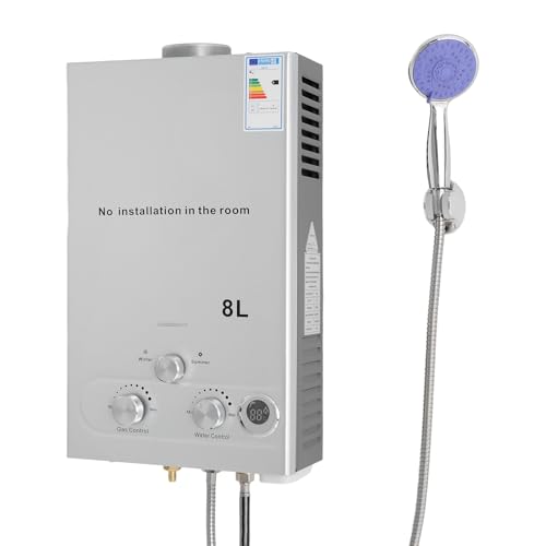 CHFUNE 8LPM Gasdurchlauferhitzer, 24KW LPG Propan Butan Durchlauferhitzer, Tragbarer Gas-Wassererhitzer Niedrigem Startwasserdruck, für Campingausflüge Bootshaus