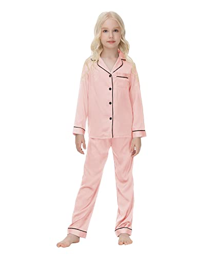 Conjunto de pijama para niñas, camisa de manga larga con botones, blusas con bolsillo y pantalones largos, pijama de otoño, 2 piezas, ropa de dormir con botones, camisón, champán 150 11 12 años