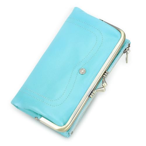 CONTACTS Full Grain Goat Leather Kiss Lock Wallet for Women Vintage Clutch Wallet with Rfid Blocking