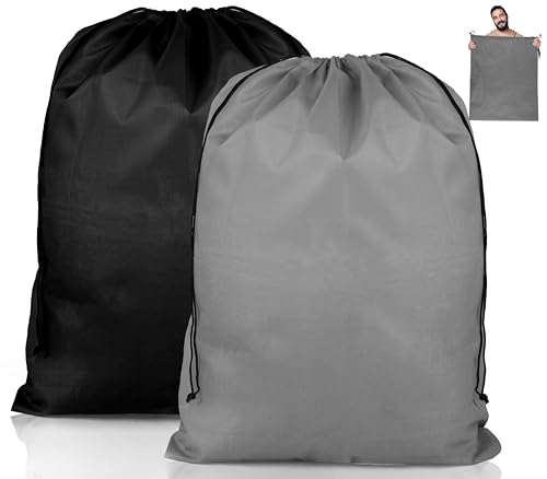 2 Pcs Travel Laundry Bag, Foldable Drawstring Bags, Tear Resistant Small Laundry Bag, Storage Bag for Dirty Clothes Toys Shoes Camping Outdoor, 50 x 60 cm, (Black/Grey)