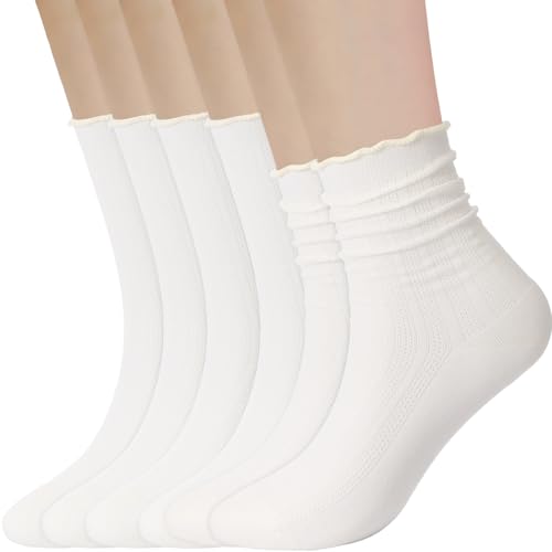 6 Pairs Womens Ruffle Slouch Socks Thin Mesh Breathable Casual Lace Cotton Crew Socks Cute Ankle Stockings for Women