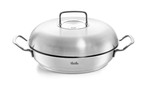Fissler Original-Profi Collection Stainless Steel Serving Pan Diameter 28 cm 3.0 litres Round Roasting Pan with High Lid High Rim Uncoated Induction, Silver, 084-388-28-000/0