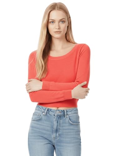 Image of Women's Crop Top Stretch Sweater - Long Sleeve Slim Bodycon Crewneck Casual Basic Solid Cropped Knit Pullover Top