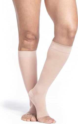 Image of SIGVARIS Women's Style Sheer 780 Open Toe Calf-High Socks 20-30mmHg - Small Short- Toasted Almond