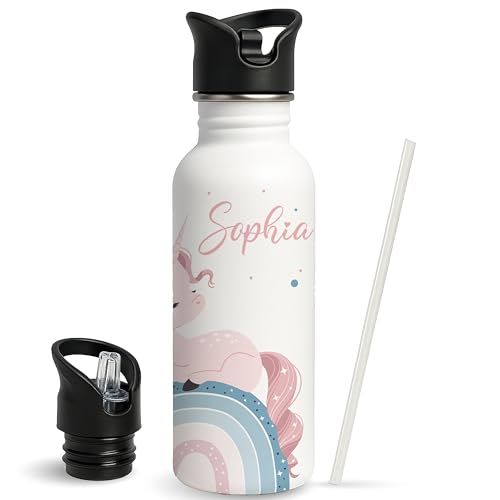 Kidsmood Personalisierte Trinkflasche für Kinder BPA freie Edelstahl Wasserflasche 500 ml mit Trinkhalm als Einschulungsgeschenk Mädchen Ideal für Schule Kindergarten (Träumendes Einhorn)