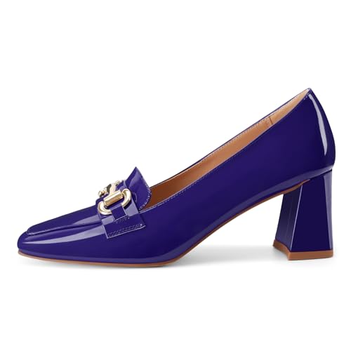 Image of Womens Mid Block Chunky Heeled Loafers Closed Square Toe Patent Leather Comfortable Slip On Pumps Metal Chain Basic Classic Casual Work Office Dress Shoes 2.8 Inches Heels