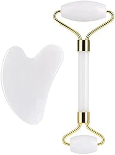 Rolo de jade para rosto, conjunto de pedras faciais naturais de jade, massageador de pele com ferramentas de raspagem Gua Sha massageador de jade branco, adequado para relaxamento facial, ocular, do pescoço e dos músculos do corpo, aliviando linhas e rugas