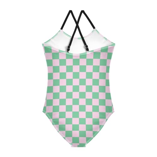 Image of Black and White Chess Girls One Piece Swimsuits Board Marble Tile Sport Halter Swimwear Beach Bathing Suit 3T