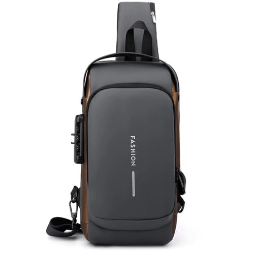 Travel Sling Bag Waterproof Crossbody Bag with Combination Lock Anti-Theft PU Leather Chest Bag with USB Charging Hole Shoulder Backpack Motorcycle Bags Grey
