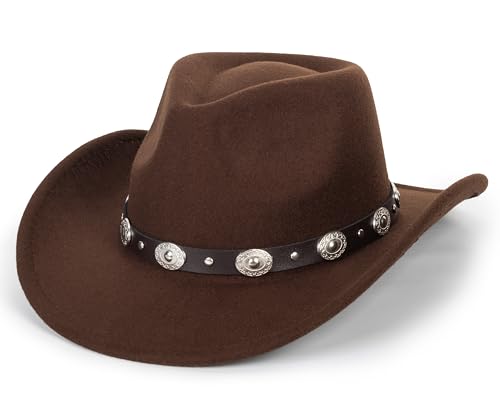 Women & Men Felt Western Cowboy Hat Classic Roll Up Brim Belt Buckle Cowgirl Fedora (M) Coffee
