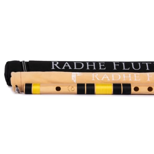 Image of Radhe Flutes Bamboo Bansuri C Sharp Right Handed Middle Octave (18 inch) With Hard Cover (Beige Flute With Black & Yellow Threads)