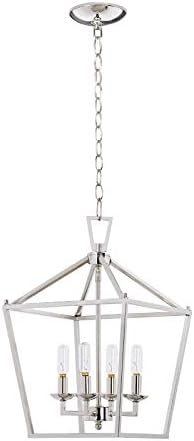 MOTINI 4-Light Silver Lantern Pendant Light Polished Nickel Finish Hanging Light Fixture Geometric Chandelier with Adjustable Chain Metal Cage Pendant Lighting for Kitchen Island Dining Room Foyer
