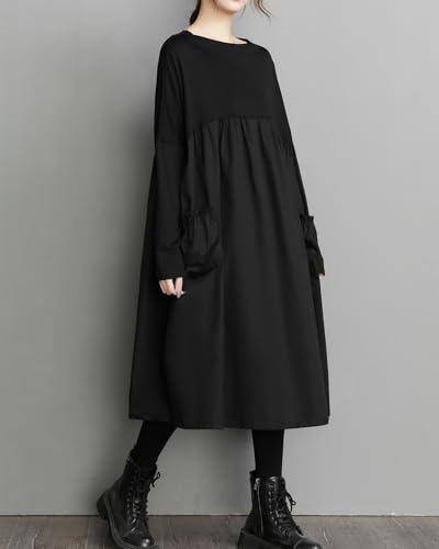 ellazhu Women's Casual Patchwork Solid Crew Neck Pullover Dress with Pockets GZ26 A4