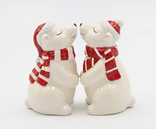 Fine Ceramic Christmas Holidays Polar Bear Couple Wearing Santa's Hat and Scarf Salt & Pepper Shakers Set, 3-5/8