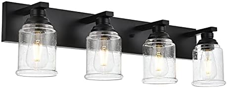 OULOK Black Vanity Lights 4-Light Modern Farmhouse Wall Lighting Fixtures with Seeded Glass Shades Industrial Bathroom Wall Sconces