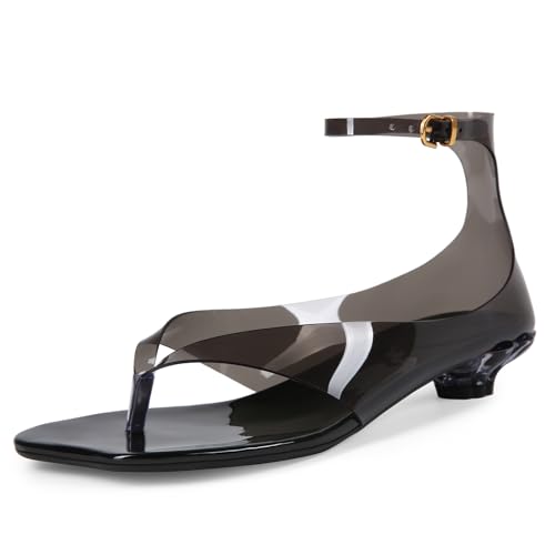 Image of Women's Flip Flop Kitten Heels - Jelly Thong Heeled Sandals with Clear Strap, Transparent Low Heel Mules, Stylish Thong Kitten Heels for Summer, Casual Dress Sandals