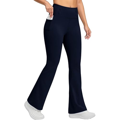 GMQWRK Pantalones de corte de bota para mujer, leggings de entrenamiento cálidos con forro de microforro polar, bolsillos, botones, cintura alta, pantalones térmicos, capas base, pantalones 2026