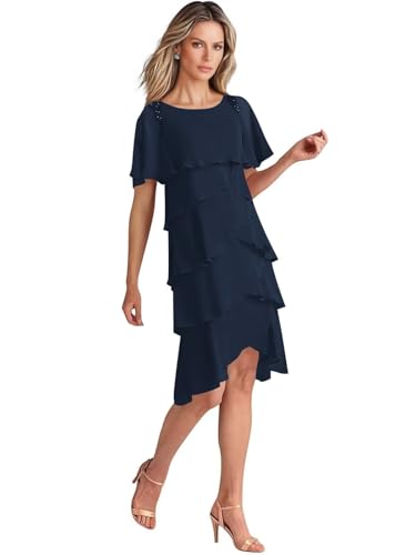 Short Mother of The Bride Dresses for Women Tiered Chiffon Beaded Scoop Neck Formal Dress for Wedding Guest