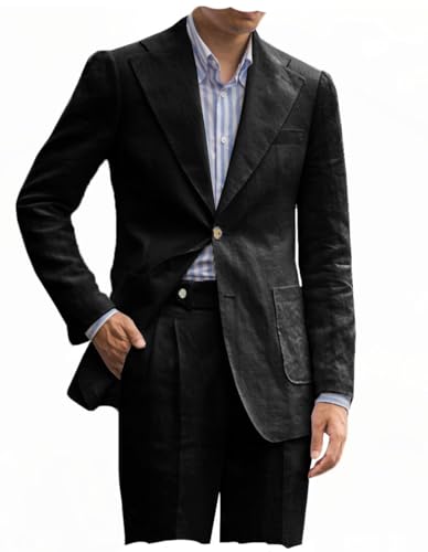 2 Piece Mens Linen Suit Slim Fit Solid Summer Blazer Pants Sets Tuxedo Jacket Casual Formal Wedding Beach Party