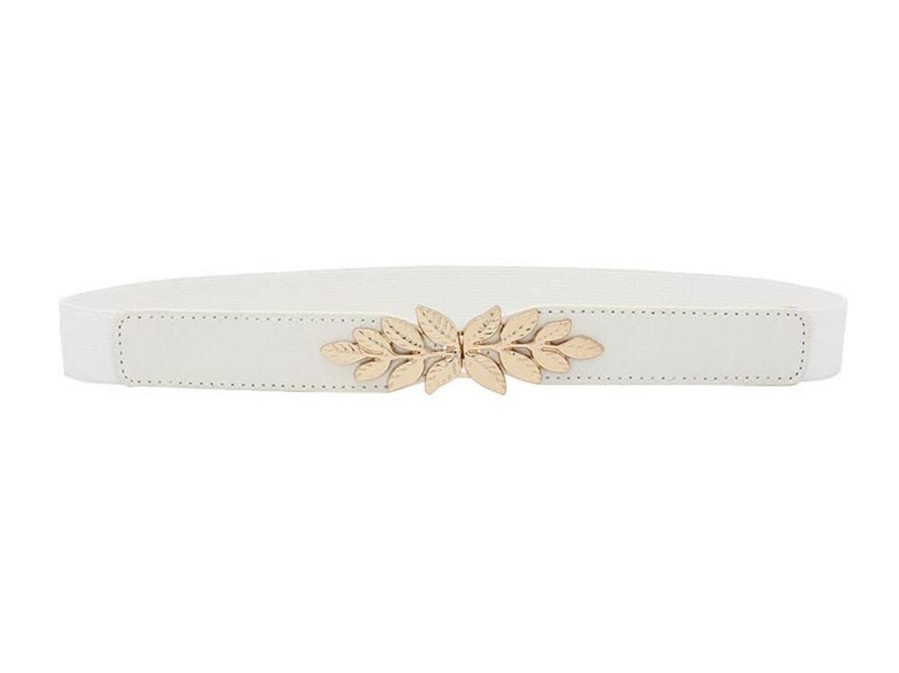 Diyafas Women's White Stretchy Dress Thin Belt Elastic Waistband Leaf Buckle Skinny Belts