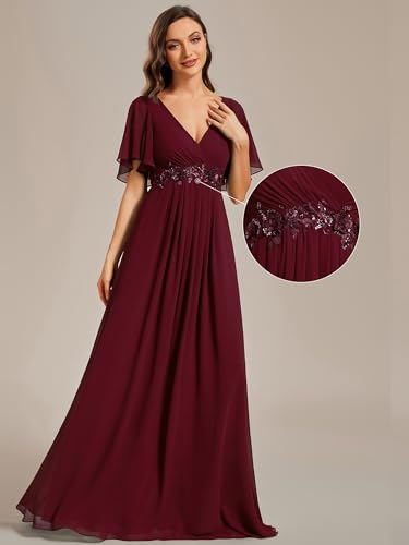 Image of Ever-Pretty Womens V Neck Applique Mother of the Bride Dresses Formal Dress | Chiffon, Short Sleeves, Ruched, A-Line, Bridesmaid Dresses, Formal Gown, Black Tie Dress