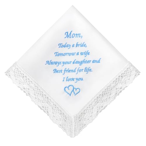 HOULIFE Wedding Handkerchiefs for Bride, Something Blue Wedding Brides Gift Embroidered Handkerchief with Lace Edges (For Mom-1 PCS)