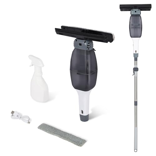 Nettoyeur Vitres Électrique sans Fil avec Manche Télescopique: 2000mAh, Raclette Vitre avec Pulvérisateur Intégré, Brosse Nettoyage 24cm pour Fenêtres...