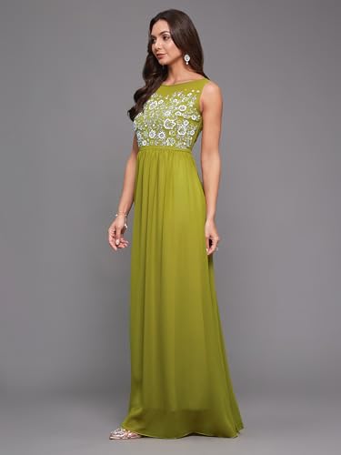 Image of Miss Chase Women's Round Neck Sleeve Embellished Fit Flare Maxi Dress