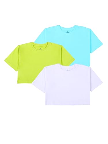 Image of KiddoPanti Girls 100% Cotton Solid Drop Shoulder Half Sleeve Round Neck Crop Tee