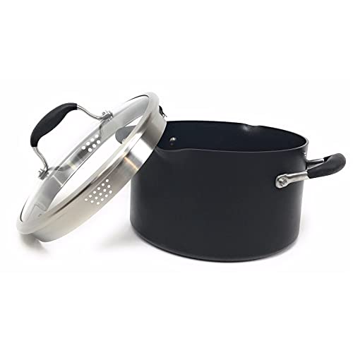 Anolon Advanced Hard Anodized Nonstick Stock Pot/Stockpot with Straining and Lid - 6 Quart, Black