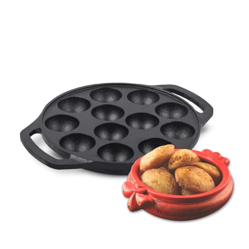Image of Pencil Pre-Seasoned Cast Iron Appam Patra 12 Pit | Paniyaram Pan | Paniyarakkal /Appe /Litti /Paddu /Ponganalu | Compatible - Gas Stoves & Induction | Nonstick | Toxin-Free | No Chemical Coating | Black