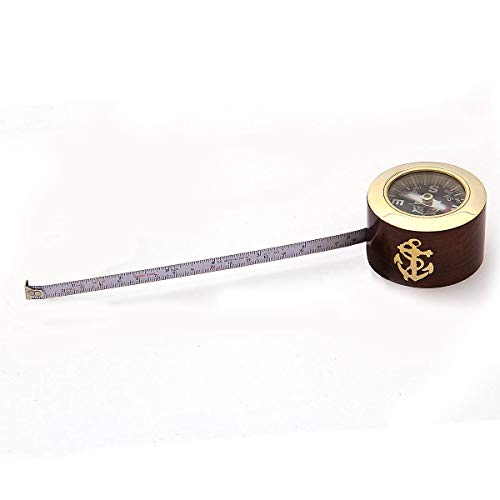 Brújula de latón con cinta métrica y base de madera miniatura 2